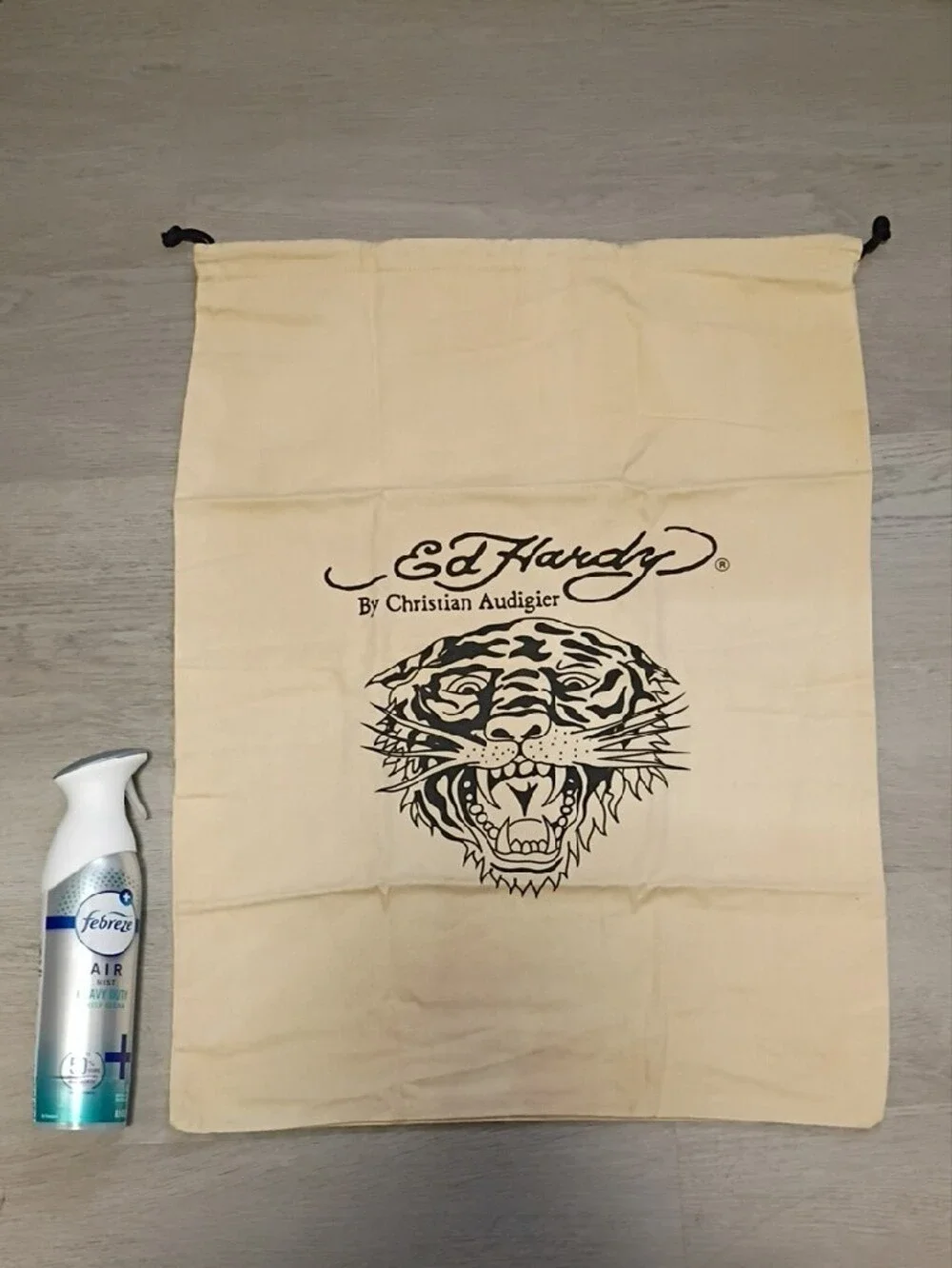 Ed Hardy Cream Drawstring Bag with Black Tiger Print